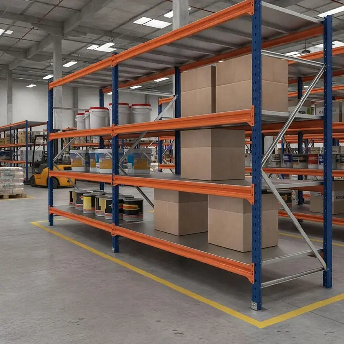 Proregal Schwerlastregal DOMINUS 2er Set mit Spanplatten - H x B x T: 300 x 240 x 40 cm, Traglast pro Boden: 332 kg, Anzahl Böden: 4 Stk., Stecken, Blau/Orange - Blau-orange Industrieregale im Lager, bestückt mit Kartons und Farbbehältern.