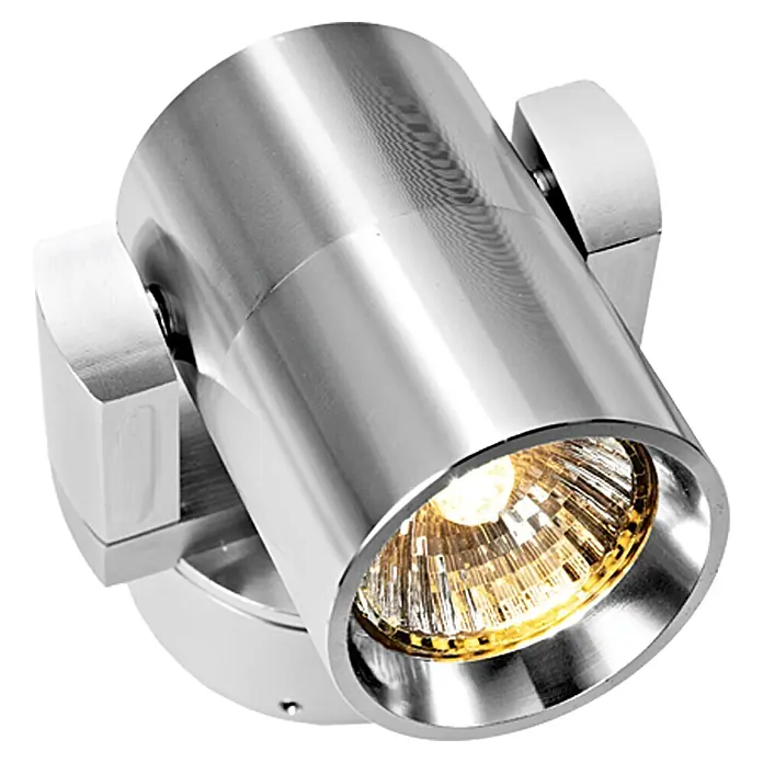 Voltolux Alu-Design Foco para pared y techo Serino - L x An x Al: 8,5 x 6,5 x 15,5 cm - Primer plano de un aplique de pared plateado moderno con luz cálida.
