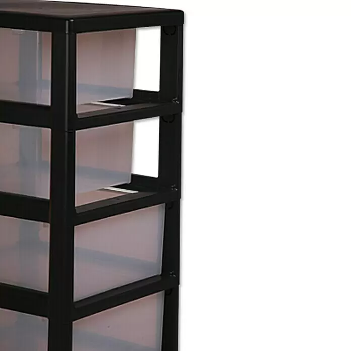 Cajonera con ruedas - L x An x Al: 40 x 29 x 106,5 cm, Número de cajones: 10 ud., Plástico - Mueble organizador de plástico negro con cajones translúcidos.