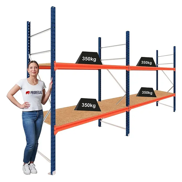 Proregal Schwerlastregal DOMINUS 2er Set mit Spanplatten - Traglast pro Boden: 350 kg, Anzahl Böden: 2 Stk., Stecken, Blau/Orange - Blau-orange Schwerlastregal mit zwei Holzablagen, Person zum Größenvergleich und 350kg-Gewichten zur Demonstration der Tragkraft.