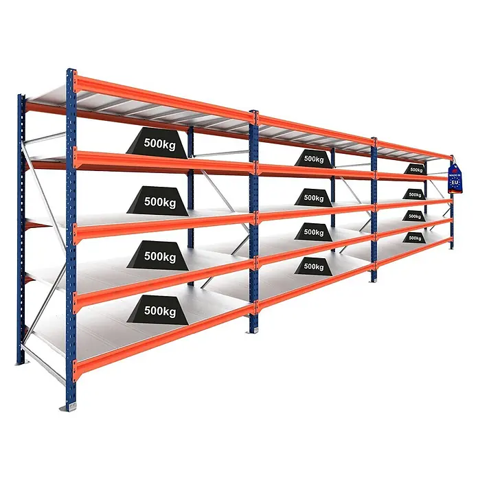 Proregal Schwerlastregal DOMINUS 3er Set mit Stahlplatten - Traglast pro Boden: 500 kg, Anzahl Böden: 5 Stk., Stecken, Blau/Orange - Schwerlastregal mit blauen Ständern, orangefarbenen Traversen und weißen Böden, demonstriert 500kg Traglast pro Fach. Mit "Made in EU" Etikett.