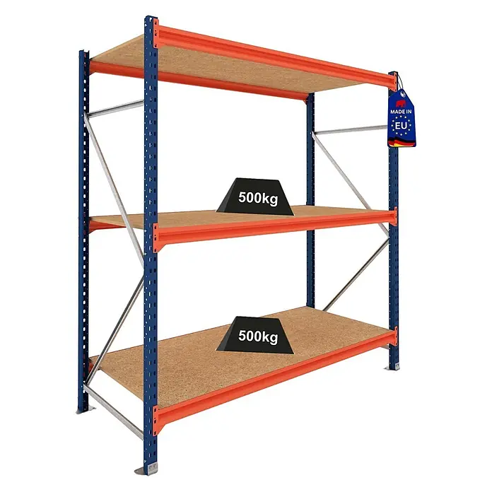 Proregal Schwerlastregal Grundregal DOMINUS mit Spanplatten - H x B x T: 200 x 150 x 100 cm, Traglast pro Boden: 500 kg, Anzahl Böden: 3 Stk., Stecken, Blau/Orange - Robustes blau-orange Metallregal mit drei Holzablagen, jede für 500 kg Belastung.