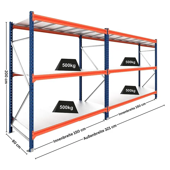Proregal Schwerlastregal DOMINUS 2er Set mit Stahlplatten - Traglast pro Boden: 500 kg, Anzahl Böden: 3 Stk., Stecken, Blau/Orange - Blau-oranges Schwerlastregal, 200x321x80cm, mit vier 150cm breiten Fachböden, je 500kg Tragkraft.