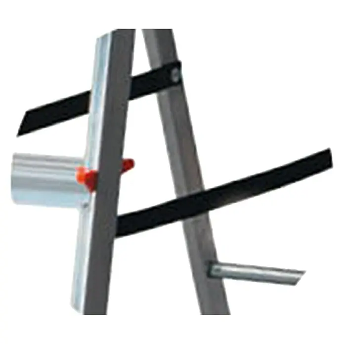Krause Monto Escalera de tijera - Altura de trabajo: 2,65 m, Número de peldaños: 3 ud., Carga soportada: 150 kg, Aluminio - Detalle de una escalera con postes plateados, puntales negros y un elemento naranja para la fijación.