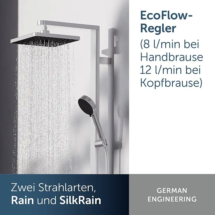 Ideal Standard Alu+ Duschsystem Ceraflow BE204SI - Lochabstand: 60 cm, Anzahl Strahlarten: 2 Stk., Silber, Form Kopfbrause: Eckig - Silbernes Duschsystem mit quadratischem Regenduschkopf, der Wasser sprüht, und einer Handbrause. Modernes Design.