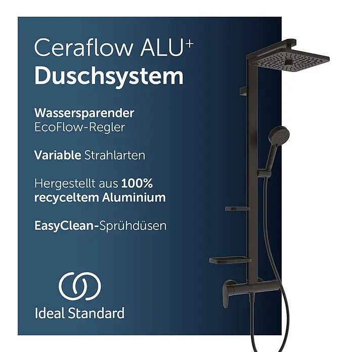 Ideal Standard Alu+ Duschsystem Ceraflow BE204XG - Lochabstand: 60 cm, Anzahl Strahlarten: 2 Stk., Schwarz, Form Kopfbrause: Eckig - Schwarzes Duschsystem aus recyceltem Aluminium mit quadratischem Kopf- und Handbrause.
