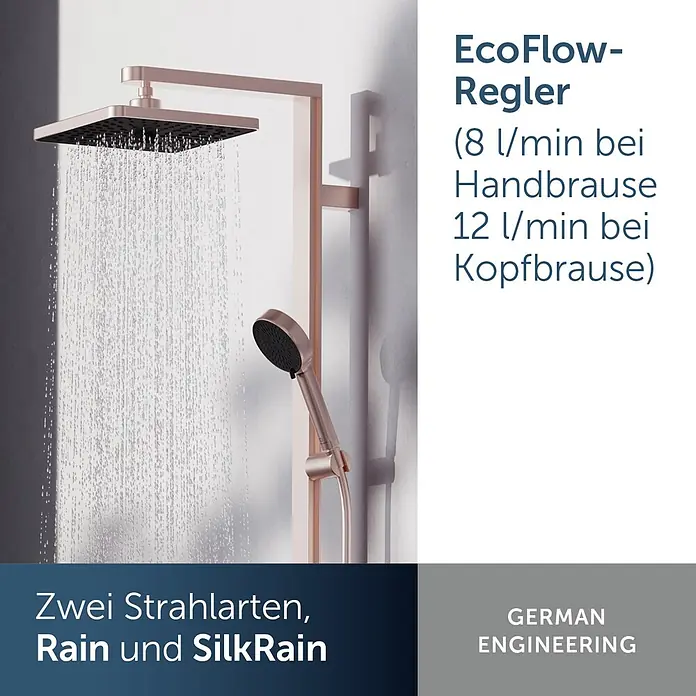 Ideal Standard Alu+ Duschsystem Ceraflow BE204RO - Lochabstand: 60 cm, Anzahl Strahlarten: 2 Stk., Rose, Form Kopfbrause: Eckig - Roségoldenes Duschsystem mit quadratischem Regenduschkopf, aus dem Wasser fließt, und einer Handbrause. Mit EcoFlow-Regulierung und zwei Strahlarten.