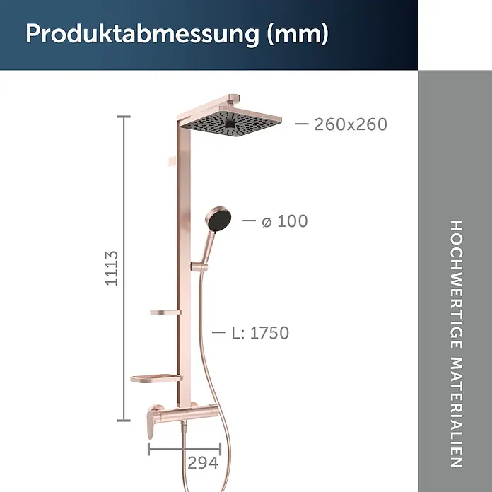 Ideal Standard Alu+ Duschsystem Ceraflow BE204RO - Lochabstand: 60 cm, Anzahl Strahlarten: 2 Stk., Rose, Form Kopfbrause: Eckig - Roségoldenes Duschsystem mit quadratischer Kopfbrause, Handbrause und Mischbatterie.