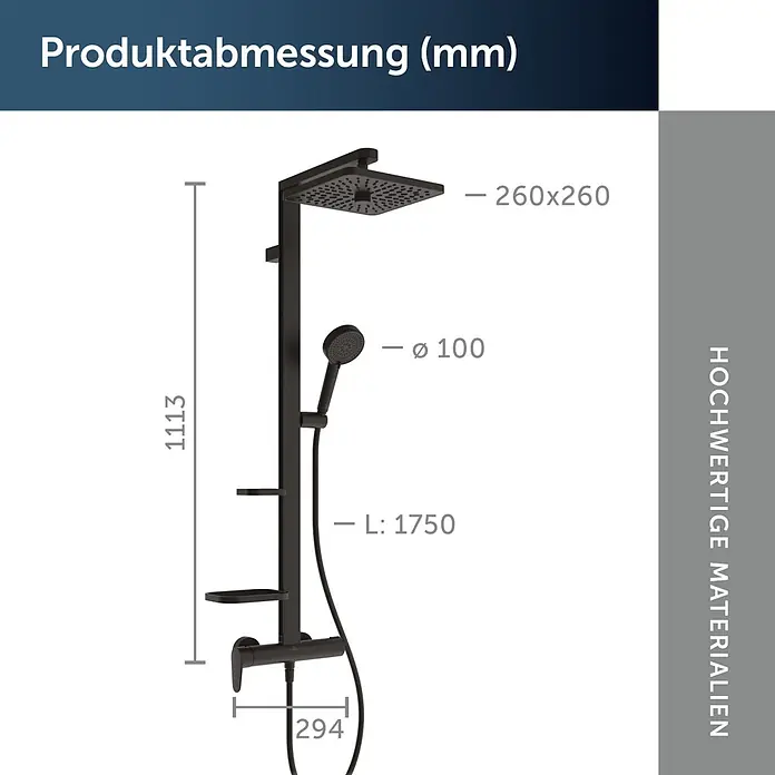 Ideal Standard Alu+ Duschsystem Ceraflow BE204XG - Lochabstand: 60 cm, Anzahl Strahlarten: 2 Stk., Schwarz, Form Kopfbrause: Eckig - Schwarzes Duschsystem mit 260x260 mm Regenbrause, 100 mm Handbrause, 1750 mm Schlauch und 1113 mm Gesamthöhe, inklusive Maßen.