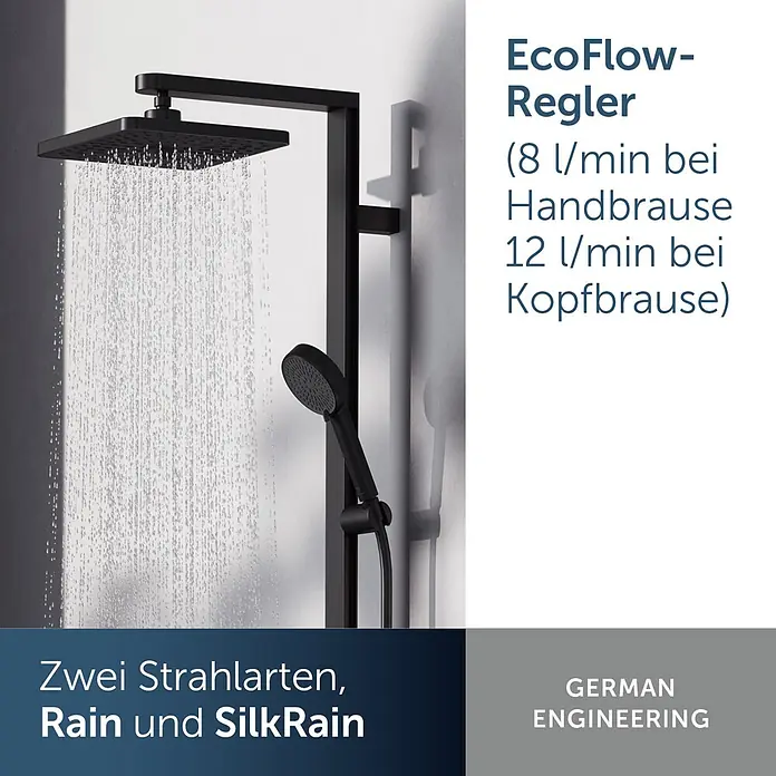 Ideal Standard Alu+ Duschsystem Ceraflow BE204XG - Lochabstand: 60 cm, Anzahl Strahlarten: 2 Stk., Schwarz, Form Kopfbrause: Eckig - Schwarzes Duschsystem mit quadratischer Kopfbrause, die Wasser regnen lässt, und Handbrause.