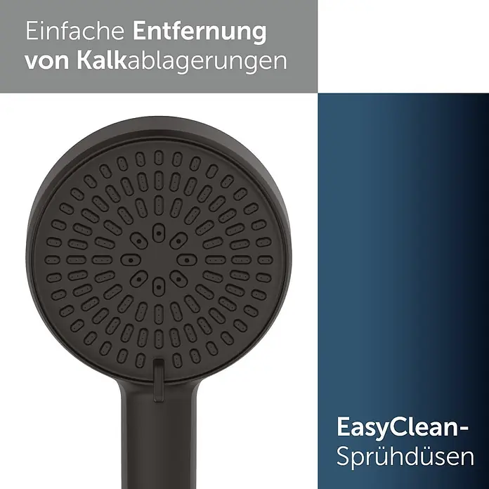 Ideal Standard Alu+ Duschsystem Ceraflow BE204XG - Lochabstand: 60 cm, Anzahl Strahlarten: 2 Stk., Schwarz, Form Kopfbrause: Eckig - Nahaufnahme eines schwarzen Handbrausekopfes mit EasyClean-Sprühdüsen zur einfachen Kalkentfernung.