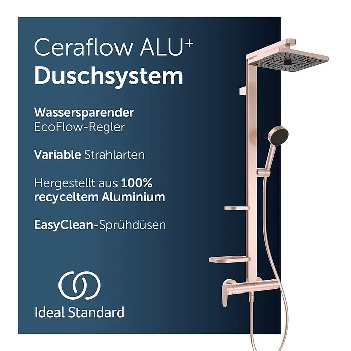 Ideal Standard Alu+ Duschsystem Ceraflow BE204RO - Lochabstand: 60 cm, Anzahl Strahlarten: 2 Stk., Rose, Form Kopfbrause: Eckig - Roségoldenes Duschsystem mit quadratischem Kopf, Handbrause und Ablagen. Aus recyceltem Aluminium.