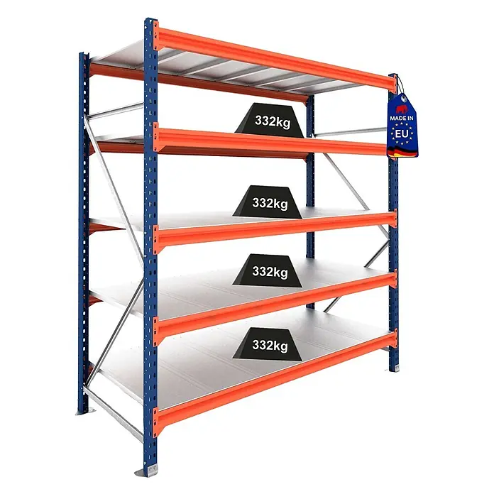 Proregal Schwerlastregal Grundregal DOMINUS mit Stahlplatten - H x B x T: 200 x 240 x 80 cm, Traglast pro Boden: 332 kg, Anzahl Böden: 5 Stk., Stecken, Blau/Orange - Blau-oranges Schwerlastregal mit grauen Böden, jeder mit 332 kg Traglast. Inklusive „Made in EU“-Etikett.