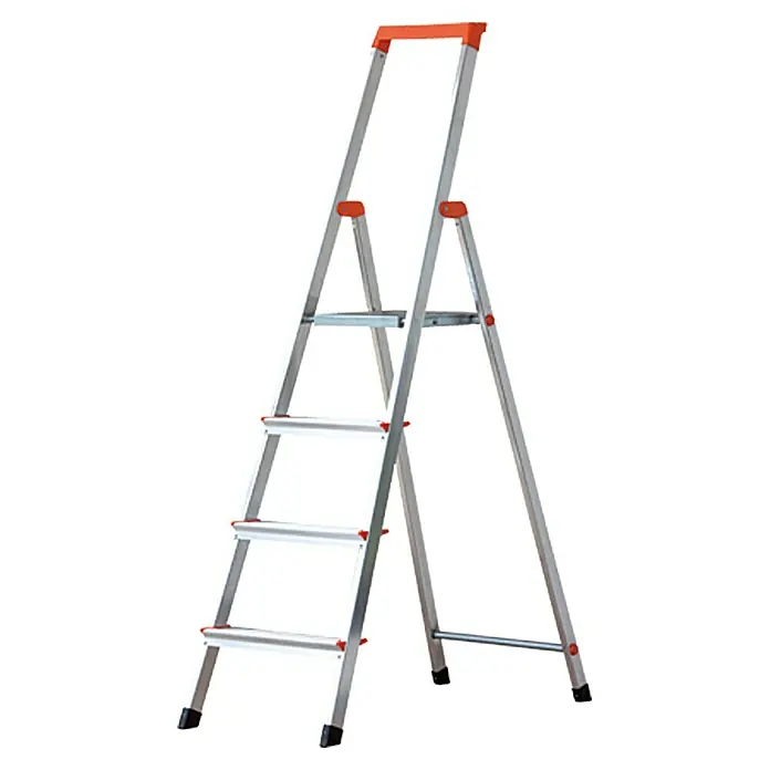Krause Monto Escalera de tijera - Altura de trabajo: 2,85 m, Número de peldaños: 4 ud., Carga soportada: 150 kg, Aluminio - Una escalera de mano plateada de pie con cuatro peldaños y asa roja, perfecta para proyectos de bricolaje y tareas domésticas diarias.