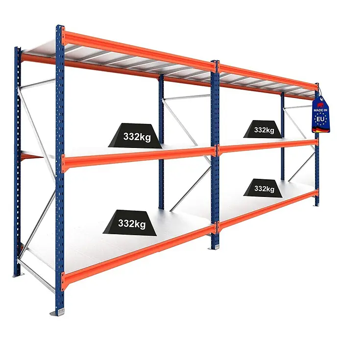 Proregal Schwerlastregal DOMINUS 2er Set mit Stahlplatten - Traglast pro Boden: 332 kg, Anzahl Böden: 3 Stk., Stecken, Blau/Orange - Blau-orange Schwerlastregal mit weißen Böden, zeigt 332kg Tragkraft und 'Made in EU'-Etikett.
