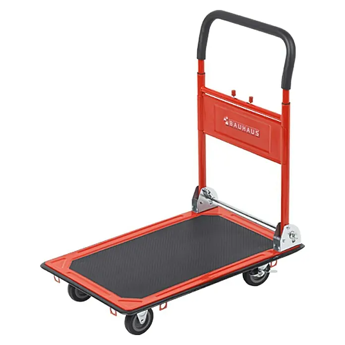 BAUHAUS Plattformwagen - Höhenverstellung: 83 cm - 100 cm, Stahl, 150 kg, Klappbar - Abbildung eines roten, zusammenklappbaren Bauhaus-Transportwagens mit schwarzer Ladefläche und vier Rädern.