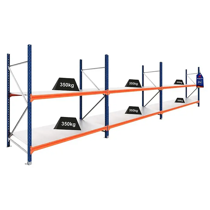 Proregal Schwerlastregal DOMINUS 3er Set mit Stahlplatten - Traglast pro Boden: 350 kg, Anzahl Böden: 2 Stk., Stecken, Blau/Orange - Blau-orange Schwerlastregal mit zwei Ebenen, jede beladen mit 350kg Gewichten. Mit 'Made in EU' Etikett.