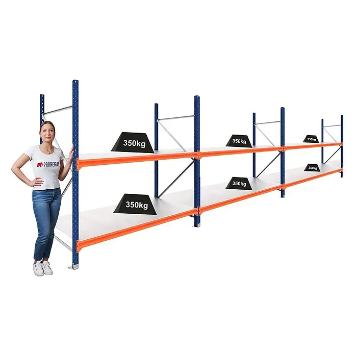 Proregal Schwerlastregal DOMINUS 3er Set mit Stahlplatten - Traglast pro Boden: 350 kg, Anzahl Böden: 2 Stk., Stecken, Blau/Orange - Blau-oranges Schwerlastregal mit Frau als Maßstab, zeigt 350 kg Traglast pro Fachboden.
