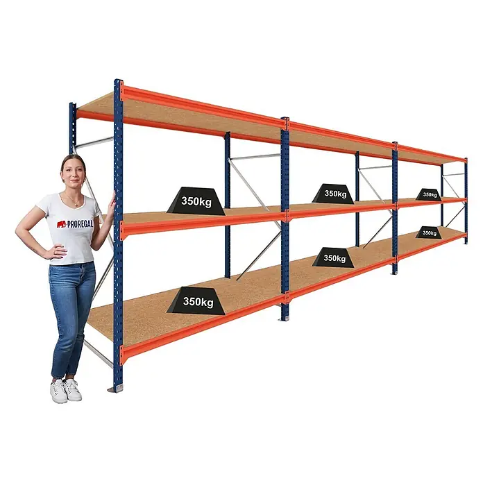 Proregal Schwerlastregal DOMINUS 3er Set mit Spanplatten - Traglast pro Boden: 350 kg, Anzahl Böden: 3 Stk., Stecken, Blau/Orange - Blau-orange Schwerlastregal mit Holzablagen, einer Person zur Größenreferenz und 350kg Gewichtsanzeigen.