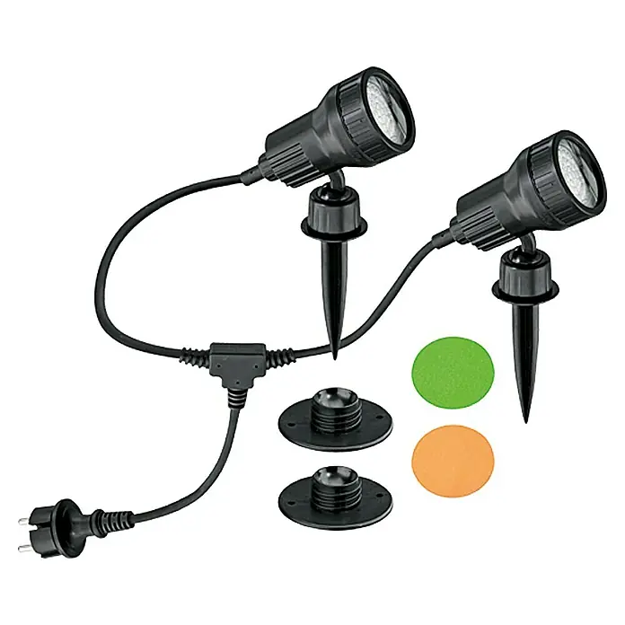 Starlux LED-Gartenstrahler6 W, Schwarz, IP44, LED, Anzahl Leuchtmittel: 2 Stk. - Gartenstrahler-Set mit zwei Strahlern, Erdspießen, Farbfiltern und Bodenplatten zur flexiblen Beleuchtung im Außenbereich.
