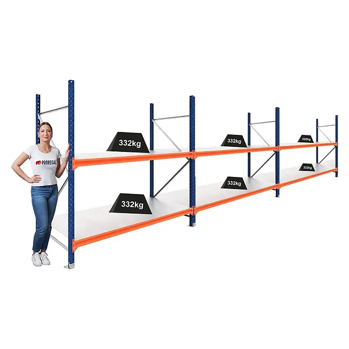 Proregal Schwerlastregal DOMINUS 3er Set mit Stahlplatten - Traglast pro Boden: 332 kg, Anzahl Böden: 2 Stk., Stecken, Blau/Orange - Schwerlast-Metallregal in Blau-Orange mit weißen Böden, Belastbarkeit mit Gewichten und Person als Maßstab gezeigt.