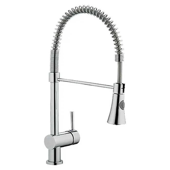 Camargue Merida Spültischarmatur - Niederdruck, Chrom, Glänzend, Brausestrahl - Eine glänzende Chrom-Küchenarmatur mit spiralförmigem Auslaufschlauch und Einhebelmischer. Ideal für moderne Küchen.