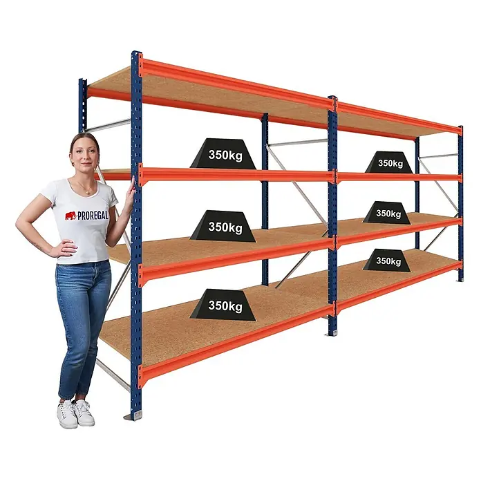 Proregal Schwerlastregal DOMINUS 2er Set mit Spanplatten - Traglast pro Boden: 350 kg, Anzahl Böden: 4 Stk., Stecken, Blau/Orange - Robustes Metallregal mit blauen Pfosten, orangen Trägern und Holzbrettern. Frau und 350kg Gewichte zeigen Größe und Tragfähigkeit.