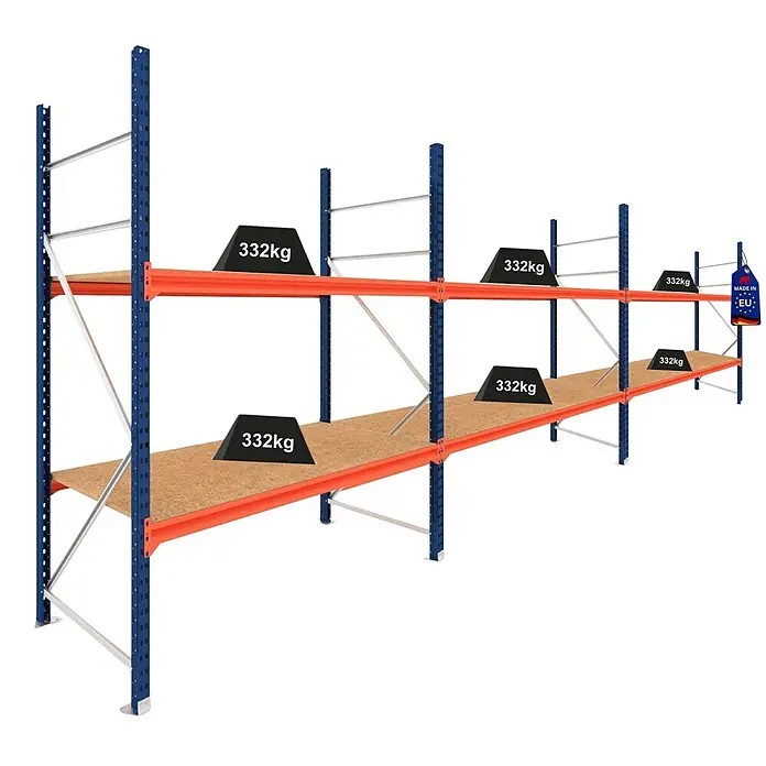 Proregal Schwerlastregal DOMINUS 3er Set mit Spanplatten - Traglast pro Boden: 332 kg, Anzahl Böden: 2 Stk., Stecken, Blau/Orange - Blau-orange Schwerlastregaleinheit mit Holzablagen und mehreren 332kg Gewichten, mit 'Made in EU' Etikett.
