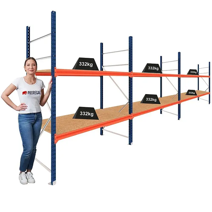 Proregal Schwerlastregal DOMINUS 3er Set mit Spanplatten - Traglast pro Boden: 332 kg, Anzahl Böden: 2 Stk., Stecken, Blau/Orange - Blau-orange PROREGAL Schwerlastregal mit Holzböden, beladen mit 332kg Gewichten. Eine Frau steht daneben zum Größenvergleich.