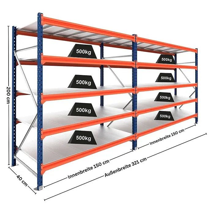 Proregal Schwerlastregal DOMINUS 2er Set mit Stahlplatten - H x B x T: 200 x 150 x 40 cm, Traglast pro Boden: 500 kg, Anzahl Böden: 5 Stk., Stecken, Blau/Orange - Blau-orange Schwerlastregal mit 4 Böden, je 500kg Traglast. Maße 200x321x40 cm (HxBxT).