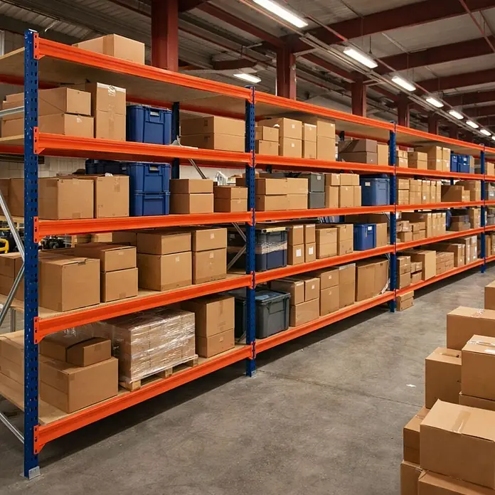 Proregal Schwerlastregal Grundregal DOMINUS mit Spanplatten - Traglast pro Boden: 500 kg, Anzahl Böden: 2 Stk., Stecken, Blau/Orange - Orange-blaue Industrielagerregale in einem Lagerhaus, gefüllt mit Kartons und blauen Behältern.