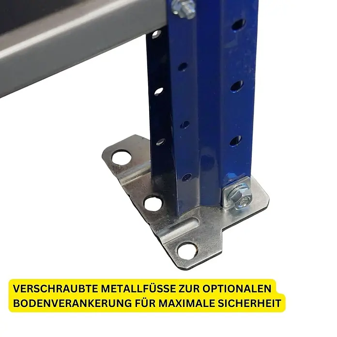 Proregal Schwerlastregal Grundregal DOMINUS mit Spanplatten - Traglast pro Boden: 500 kg, Anzahl Böden: 2 Stk., Stecken, Blau/Orange - Blaue Regalstütze mit verschraubtem Metallfuß zur optionalen Bodenverankerung.