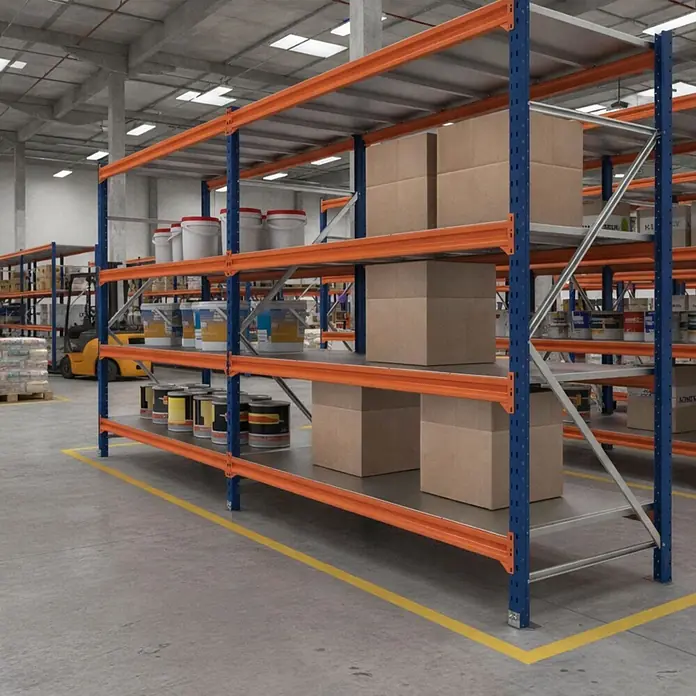 Proregal Schwerlastregal Grundregal DOMINUS mit Spanplatten - Traglast pro Boden: 500 kg, Anzahl Böden: 2 Stk., Stecken, Blau/Orange - Orange-blaue Schwerlast-Lagerregalsysteme gefüllt mit verschiedenen Gütern in einer großen Industrieumgebung mit Gabelstapler.