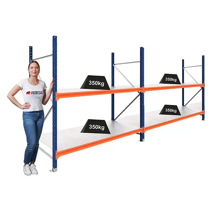 Proregal Schwerlastregal DOMINUS 2er Set mit Stahlplatten - Traglast pro Boden: 350 kg, Anzahl Böden: 2 Stk., Stecken, Blau/Orange - Blau-orange Schwerlastregal mit zwei Ebenen, jede demonstriert 350kg Traglast, Frau zur Skalierung.