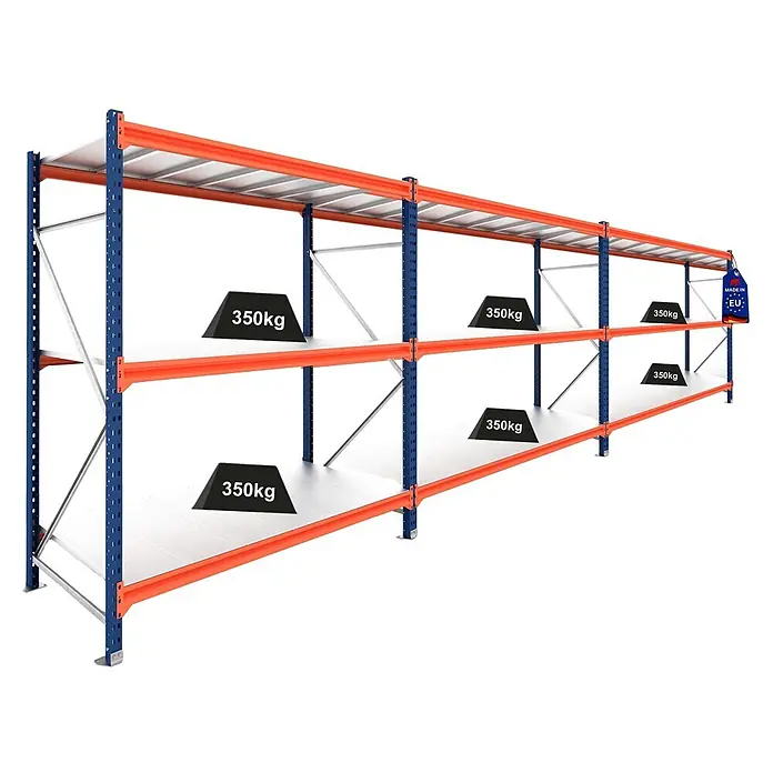 Proregal Schwerlastregal DOMINUS 3er Set mit Stahlplatten - Traglast pro Boden: 350 kg, Anzahl Böden: 3 Stk., Stecken, Blau/Orange - Schwerlastregal in Blau und Orange mit weißen Böden, 350kg Traglast pro Boden, Made in EU.