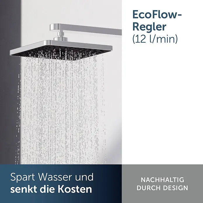 Ideal Standard Alu+ Kopfbrause Idealrain - B x L: 260 x 260 mm, 12 l/min, Silber - Silberner quadratischer Duschkopf mit fließendem Wasser und EcoFlow-Regler (12 l/min) zur Wassereinsparung.