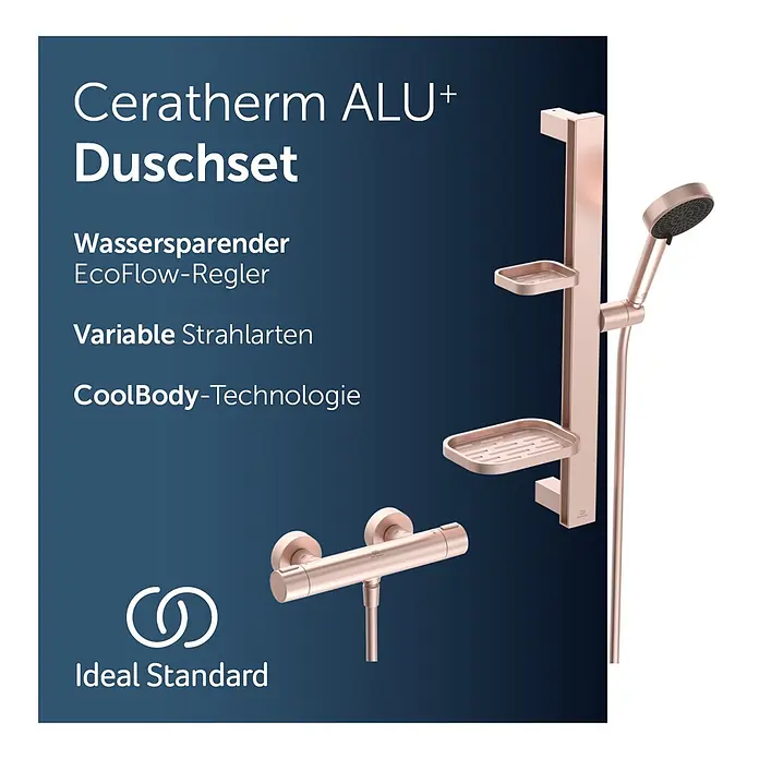 Ideal Standard Alu+ Brausegarnitur Ceratherm - Lochabstand: 40 cm - 50 cm, Art Strahl: SilkRain, Rain, Rosé - Roségoldenes Ceratherm ALU+ Duschset mit Thermostat, Brausestange, Ablagen und Handbrause.