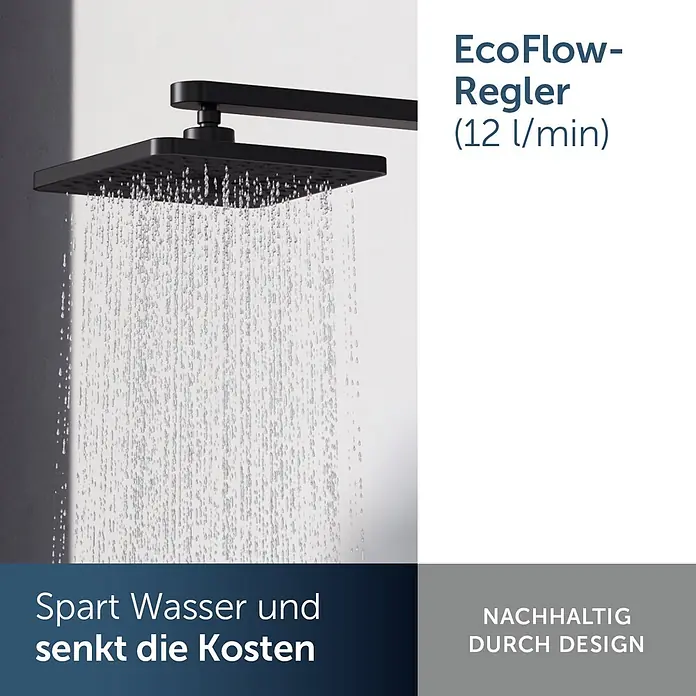 Ideal Standard Alu+ Kopfbrause Idealrain - B x L: 260 x 260 mm, 12 l/min, Schwarz - Schwarzer quadratischer Duschkopf mit Wasserstrahl.