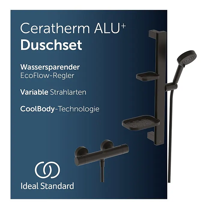 Ideal Standard Alu+ Brausegarnitur Ceratherm - Lochabstand: 40 cm - 50 cm, Art Strahl: SilkRain, Rain, Schwarz - Mattschwarzes Brauseset mit Handbrause, Brausestange mit Ablagen und Thermostatmischer.