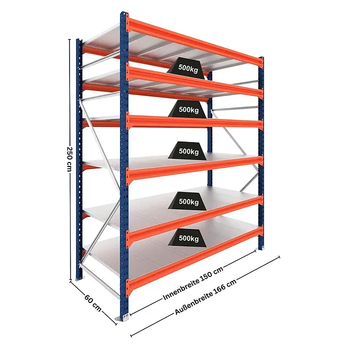 Proregal Schwerlastregal Grundregal DOMINUS mit Stahlplatten - H x B x T: 250 x 150 x 80 cm, Traglast pro Boden: 500 kg, Anzahl Böden: 6 Stk., Stecken, Blau/Orange - Blau-orange Schwerlastregal aus Metall mit 5 grauen Böden. Maße: H 250cm, T 60cm, B 166cm; Traglast 500kg pro Boden.