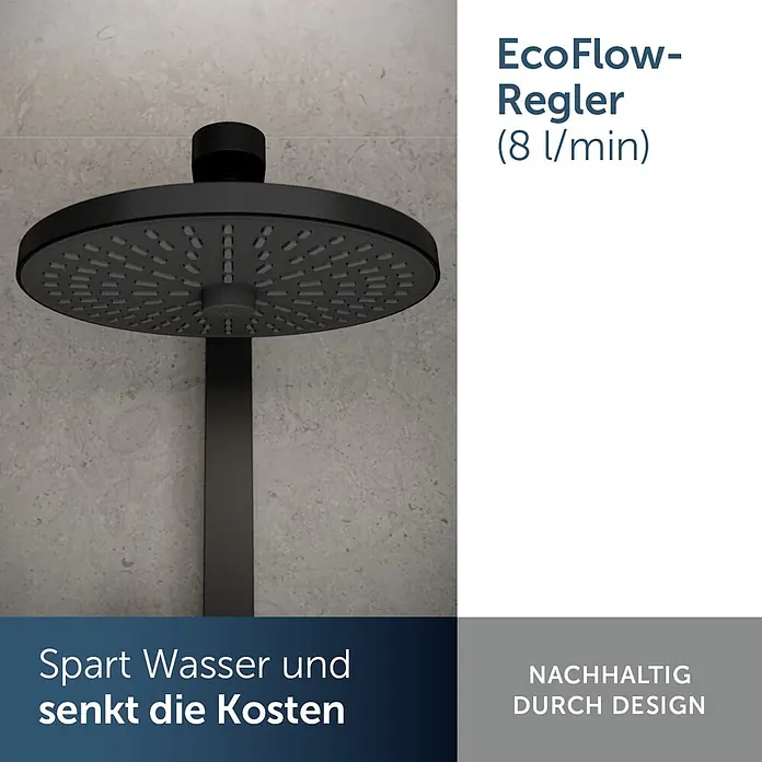 Ideal Standard Alu+ Kopfbrause Idealrain - Durchmesser: 26 cm, 8 l/min, Schwarz, Rund - Mattschwarzer runder Regenduschkopf mit Arm, an einer Wand montiert.