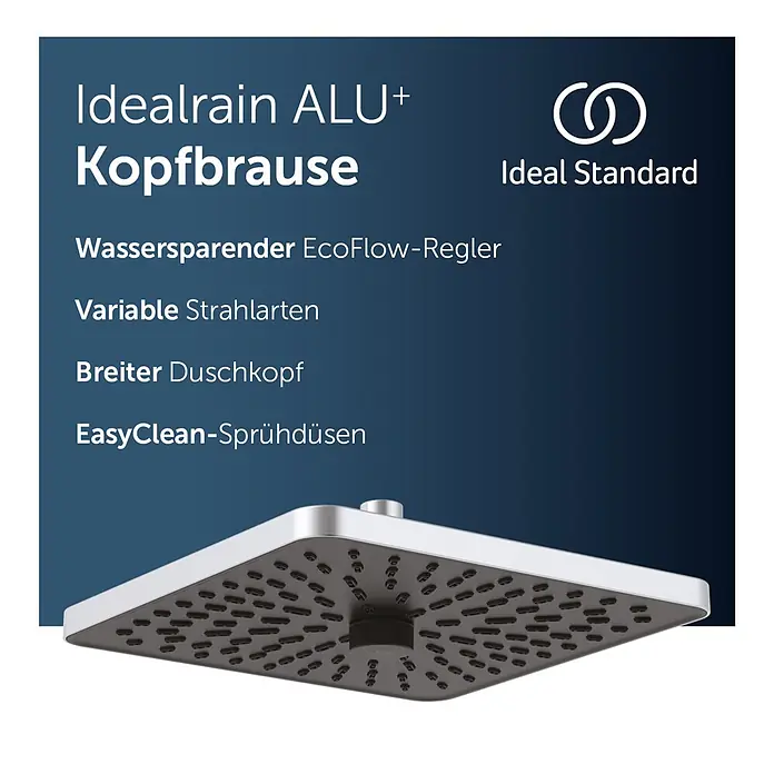 Ideal Standard Alu+ Kopfbrause Idealrain - B x L: 260 x 260 mm, 12 l/min, Silber - Quadratischer Idealrain ALU+ Duschkopf mit silbernem Rahmen und schwarzen EasyClean-Düsen für variable, wassersparende Strahlen.