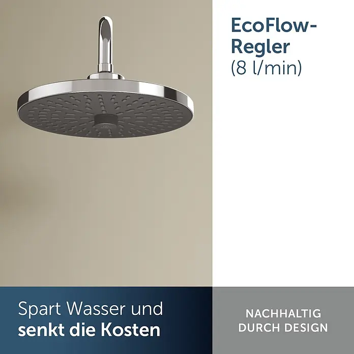 Ideal Standard Alu+ Kopfbrause Idealrain - Durchmesser: 26 cm, 8 l/min, Chrom, Rund - Verchromte runde Kopfbrause mit EcoFlow Wassersparfunktion, an Deckenarm montiert.