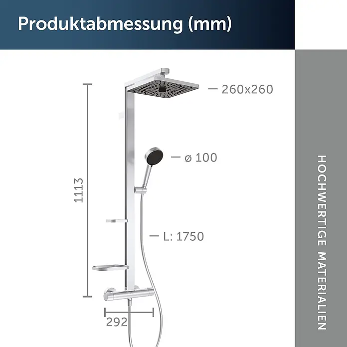Ideal Standard Alu+ Duschsystem Ceratherm - Anzahl Strahlarten: 2 Stk., Silber - Silbernes Duschsystem mit quadratischem Regenduschkopf, Handbrause und Mischbatterie, Maße angezeigt.