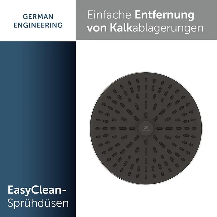 Ideal Standard Alu+ Kopfbrause Idealrain - Durchmesser: 26 cm, 8 l/min, Chrom, Rund - Dunkelgrauer, runder Duschkopf mit flexiblen Silikondüsen und silbernem Rand zur einfachen Kalkentfernung.