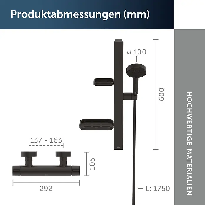 Ideal Standard Alu+ Brausegarnitur Ceratherm - Lochabstand: 40 cm - 50 cm, Art Strahl: SilkRain, Rain, Schwarz - Schwarzes Duschsystem mit Armatur, Duschstange, Handbrause und Ablagen, zeigt detaillierte Produktabmessungen.