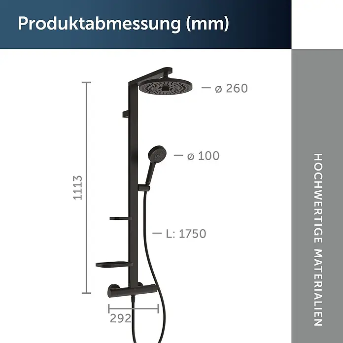 Ideal Standard Alu+ Duschsystem Ceratherm - Form Kopfbrause: Rund, Lochabstand: 600 mm, Anzahl Strahlarten: 2 Stk., Schwarz - Mattes schwarzes Duschsystem mit Regendusche, Handbrause, Thermostat und Maßen.