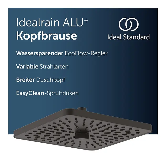 Ideal Standard Alu+ Kopfbrause Idealrain - B x L: 260 x 260 mm, 12 l/min, Schwarz - Quadratischer dunkelgrauer Duschkopf mit zahlreichen Düsen, von unten gezeigt.