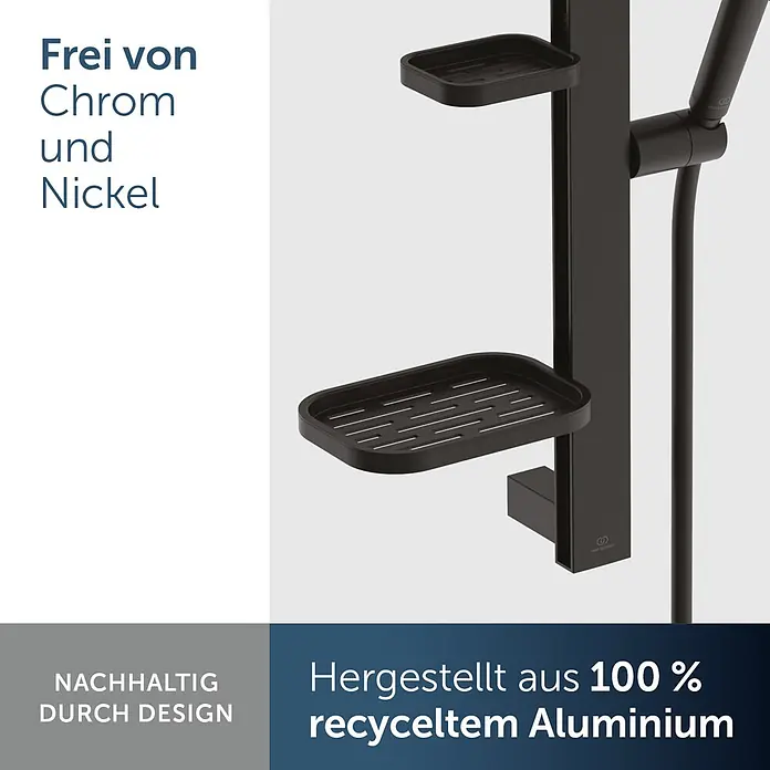Ideal Standard Alu+ Brausegarnitur Idealrain - Lochabstand: 40 cm - 50 cm, Art Strahl: SilkRain, Rain, Schwarz - Schwarze Duschsäule mit zwei Ablagen, aus 100 % recyceltem Aluminium, chrom- und nickelfrei.