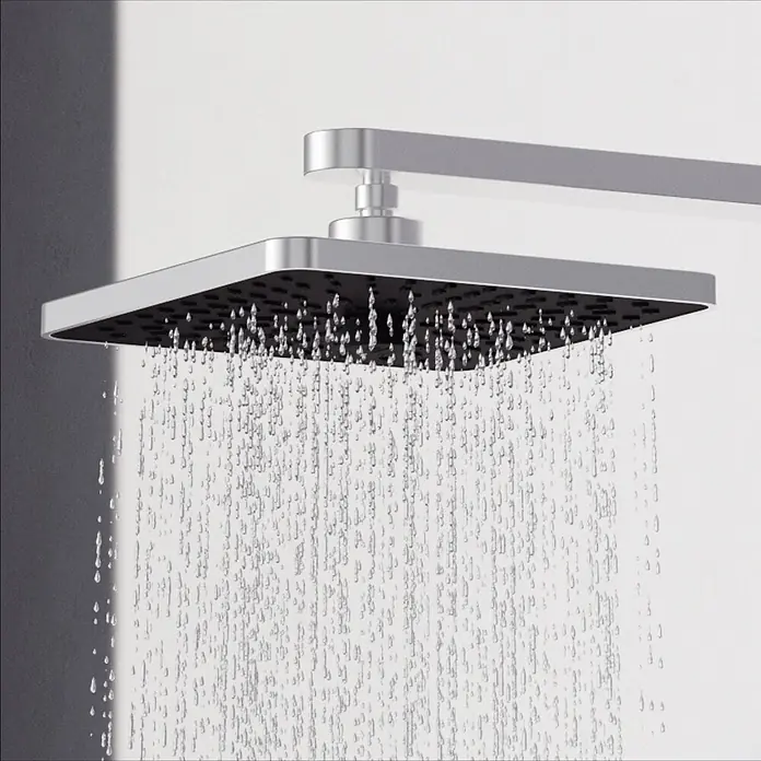 Ideal Standard Alu+ Kopfbrause Idealrain - B x L: 260 x 260 mm, 12 l/min, Silber - Quadratischer metallischer silberner Duschkopf, aus dem Wasser nach unten spritzt.